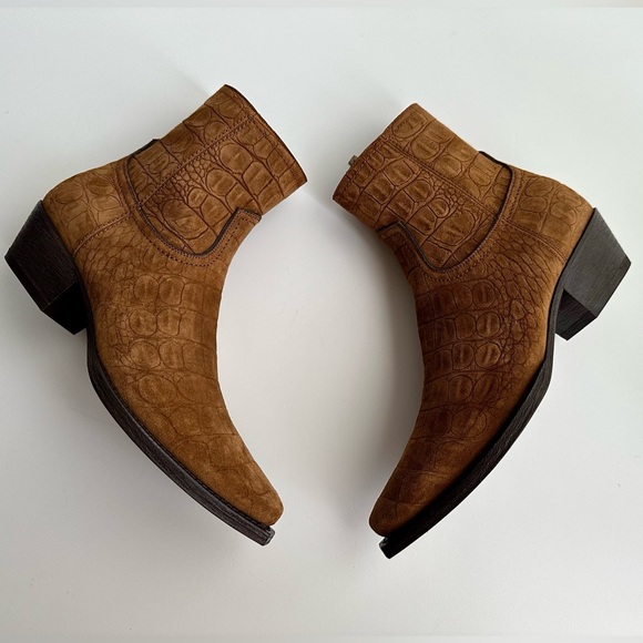 ✨New SAINT LAURENT Lukas Croc Embossed Suede 40mm Zip Western Booties Size 37.5 - Picture 5 of 12